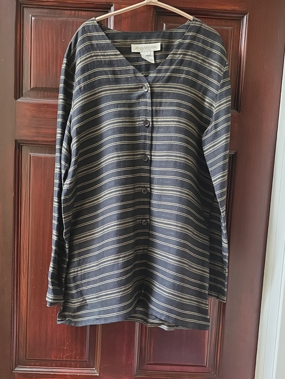 Jones New York Navy and Gray Striped Linen And Rayon Tunic Top Size 4